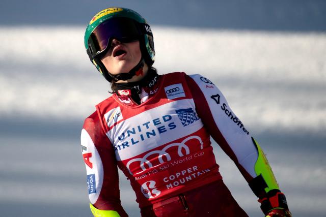 Julia Scheib of Austria reacts after skiing the 2nd run of the Women’s Giant Slalom during the Stifel Copper Cup 2025 at Copper Mountain on November 29, 2025 in Copper Mountain, Colorado. (Photo by Jason Connolly / AFP)