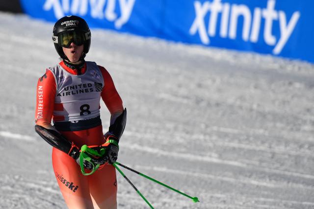 Camille Rast of Switzerland reacts after skiing the 2nd run of the Women’s Giant Slalom during the Stifel Copper Cup 2025 at Copper Mountain on November 29, 2025 in Copper Mountain, Colorado. (Photo by Jason Connolly / AFP)
