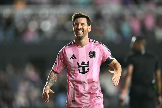 Inter Miami's Argentine forward #10 Lionel Messi celebrates his team's fourth goal during the Major League Soccer (MLS) Eastern Conference final football match between Inter Miami and New York City FC at Chase Stadium in Fort Lauderdale, Florida on November 29, 2025. (Photo by CHANDAN KHANNA / AFP)