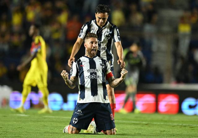 Monterrey's Spanish defender #93 Sergio Ramos celebrates after winning on aggregate the Liga MX Apertura quarter-final between America and Monterrey at Ciudad de los Deportes Stadium in Mexico City on November 29, 2025. (Photo by YURI CORTEZ / AFP)