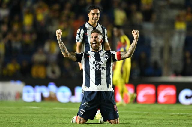 Monterrey's Spanish defender #93 Sergio Ramos celebrates after winning on aggregate the Liga MX Apertura quarter-final between America and Monterrey at Ciudad de los Deportes Stadium in Mexico City on November 29, 2025. (Photo by YURI CORTEZ / AFP)
