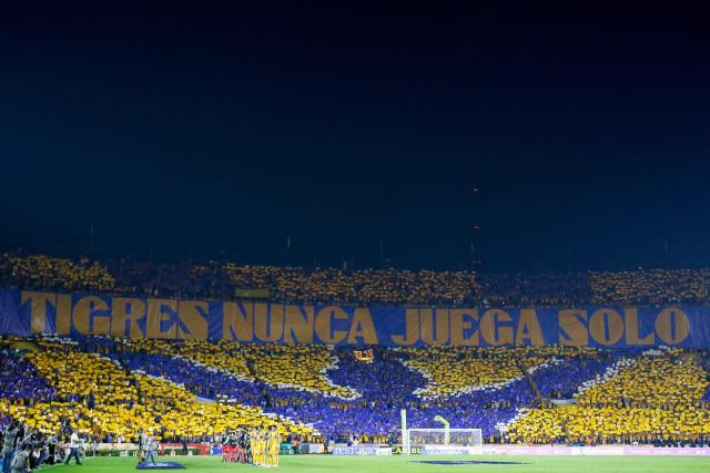 Tigres' fans display a tifo that reads "Tigres never plays alone" ahead of the Liga MX Apertura quarter-final second leg football match between Tigres and Tijuana at the UANL University Stadium in San Nicolas de los Garza, Nuevo Leon State, Mexico on November 29, 2025. (Photo by Julio Cesar AGUILAR / AFP)