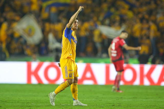 Tigres' Argentine midfielder #11 Juan Brunetta celebrates scoring his team's second goal during the Liga MX Apertura quarter-final second leg football match between Tigres and Tijuana at the UANL University Stadium in San Nicolas de los Garza, Nuevo Leon State, Mexico on November 29, 2025. (Photo by Julio Cesar AGUILAR / AFP)