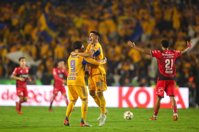 Tigres' Argentine midfielder #11 Juan Brunetta (R) celebrates with teammate Argentine forward #09 Nicolas Ibanez (L) after scoring his team's second goal during the Liga MX Apertura quarter-final second leg football match between Tigres and Tijuana at the UANL University Stadium in San Nicolas de los Garza, Nuevo Leon State, Mexico on November 29, 2025. (Photo by Julio Cesar AGUILAR / AFP)