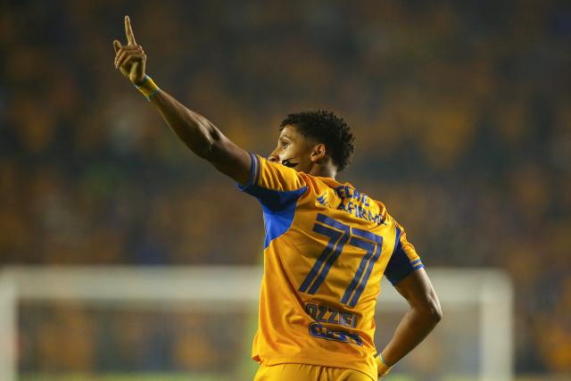 Tigres' forward #77 Ozziel Herrera celebrates scoring his team's fourth goal during the Liga MX Apertura quarter-final second leg football match between Tigres and Tijuana at the UANL University Stadium in San Nicolas de los Garza, Nuevo Leon State, Mexico on November 29, 2025. (Photo by Julio Cesar AGUILAR / AFP)