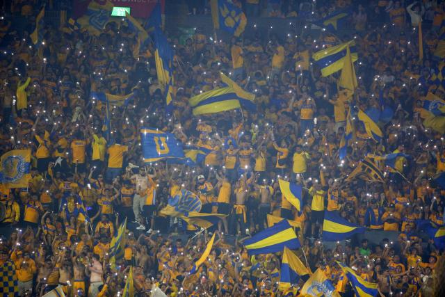 Tigres' fans cheer for their team during the Liga MX Apertura quarter-final second leg football match between Tigres and Tijuana at the UANL University Stadium in San Nicolas de los Garza, Nuevo Leon State, Mexico on November 29, 2025. (Photo by Julio Cesar AGUILAR / AFP)