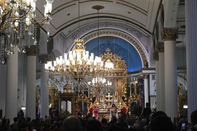 Pope Leo XIV stands next to Patriarch Sahak II during a visit to the Armenian Apostolic Cathedral, in Istanbul on November 30, 2025. (Photo by Andreas SOLARO / AFP)