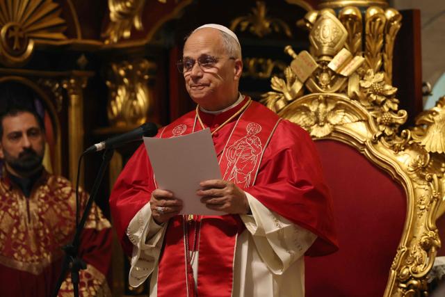 Pope Leo XIV speaks during a visit to the Armenian Apostolic Cathedral, in Istanbul on November 30, 2025. (Photo by BERK OZKAN / AFP)