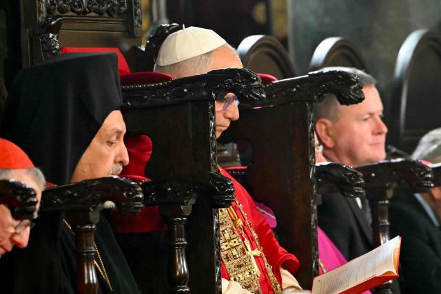 Pope Leo XIV takes part in a Divine Liturgy at Patriarchal Church of Saint George, in Istanbul on November 30, 2025. (Photo by Andreas SOLARO / AFP)