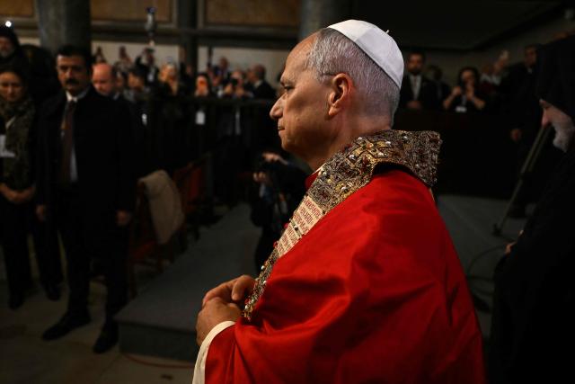 Pope Leo XIV arrives to take part in a Divine Liturgy at Patriarchal Church of Saint George, in Istanbul on November 30, 2025. (Photo by YASIN AKGUL / AFP)