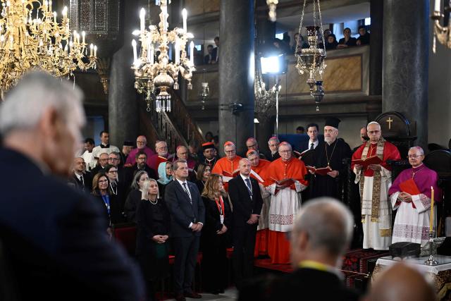 Pope Leo XIV (2ndR) attends a Divine Liturgy at Patriarchal Church of Saint George, in Istanbul on November 30, 2025. (Photo by YASIN AKGUL / AFP)