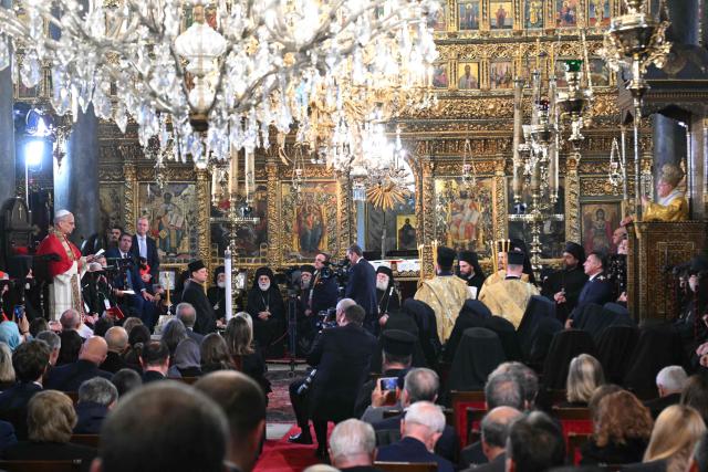 Pope Leo XIV (L) and Patriarch Bartholomew I (R) take part in a Divine Liturgy at Patriarchal Church of Saint George, in Istanbul on November 30, 2025. (Photo by Andreas SOLARO / AFP)