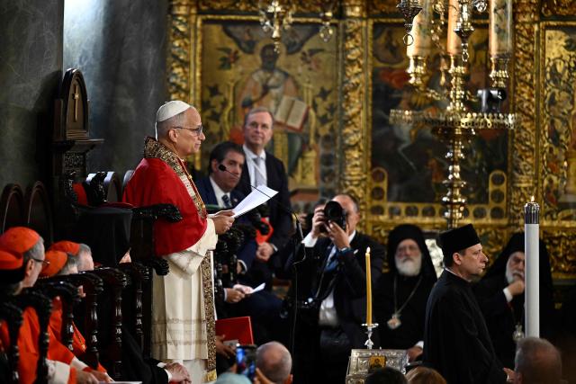 Pope Leo XIV takes part in a Divine Liturgy at Patriarchal Church of Saint George, in Istanbul on November 30, 2025. (Photo by YASIN AKGUL / AFP)