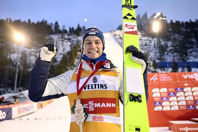 Winner Johannes Lamparter of Austria celebrate after the Nordic Combined competition at the FIS World Cup Ruka Nordic in Kuusamo, Finland on November 30, 2025. (Photo by Roni Rekomaa / Lehtikuva / AFP) / Finland OUT