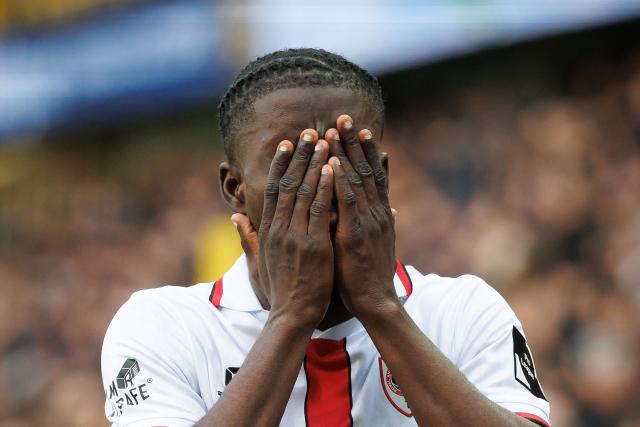 Royal Antwerp FC's Ivorian midfielder #22 Farouck Adekami reacts during the Belgian "Pro League" First Division football match between Club Brugge KV and Antwerp at the Jan Breydel Stadium in Bruges on November 30, 2025. (Photo by KURT DESPLENTER / BELGA / AFP) / Belgium OUT