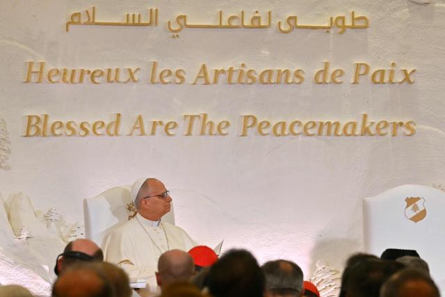Pope Leo XIV attends a meeting with authorities, civil society and diplomatic corps at the presidential palace in Baabda, east of the capital Beirut, on November 30, 2025.  (Photo by Andreas SOLARO / AFP)