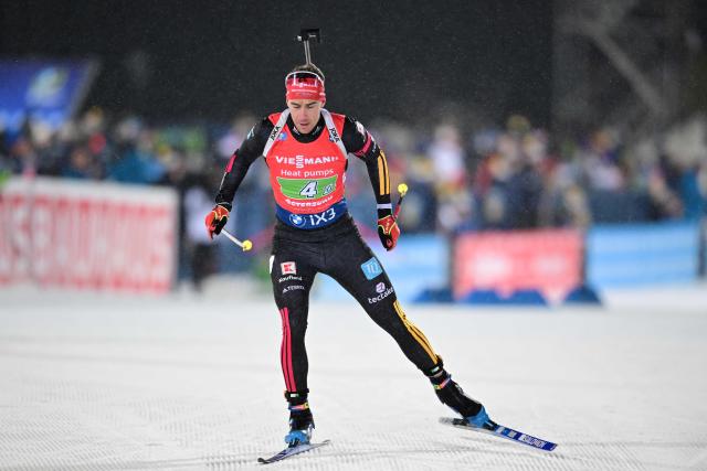 Germany's Simon Kaiser competes in the mixed relay event of the IBU Biathlon World Cup in Oestersund, Sweden on November 30, 2025. (Photo by Hanna BRUNLOF / TT NEWS AGENCY / AFP) / Sweden OUT