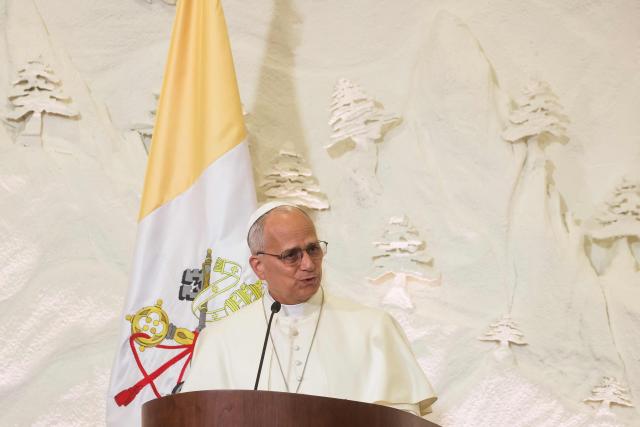 Pope Leo XIV speaks during a meeting with Lebanon's president at the presidential palace in Baabda, east of the capital Beirut, on November 30, 2025. Pope Leo XIV arrived in Lebanon on November 30 with a message of peace for the crisis-hit nation, still reeling from a war between Israel and Hezbollah and the conflict's lingering aftereffects. (Photo by ANWAR AMRO / AFP)