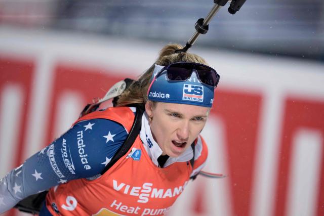 US's Chloe Levins competes in the mixed relay event of the IBU Biathlon World Cup in Oestersund, Sweden on November 30, 2025. (Photo by Bjorn LARSSON ROSVALL / TT News Agency / AFP) / Sweden OUT