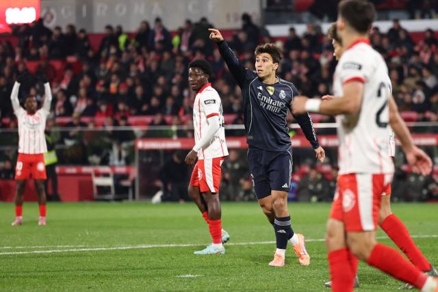 Real Madrid's Spanish forward #16 Gonzalo Garcia reacts during the Spanish league football match between Girona FC and Real Madrid CF at Montilivi Stadium in Girona on November 30, 2025. (Photo by Josep LAGO / AFP)