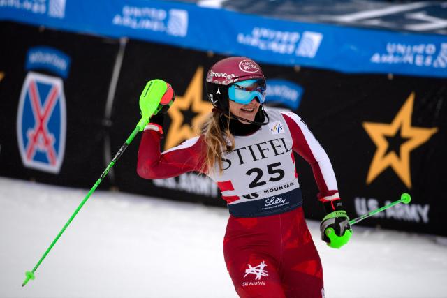 Austrian Katharina Gallhuber reacts after competing in the 2nd run of the Women's Slalom during the Stifel Copper Cup 2025 at Copper Mountain, part of the FIS Alpine Ski World Cup, in Copper Mountain, Colorado on November 30, 2025. (Photo by Jason Connolly / AFP)