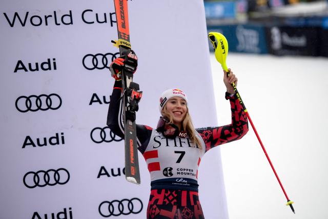 Albanian Lara Colturi celebrates in the podium after finishing in third place in the Women's Slalom during the Stifel Copper Cup 2025 at Copper Mountain, part of the FIS Alpine Ski World Cup, in Copper Mountain, Colorado on November 30, 2025. (Photo by Jason Connolly / AFP)