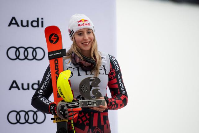 Albanian Lara Colturi smiles after finishing in third place in the Women's Slalom during the Stifel Copper Cup 2025 at Copper Mountain, part of the FIS Alpine Ski World Cup, in Copper Mountain, Colorado on November 30, 2025. (Photo by Jason Connolly / AFP)