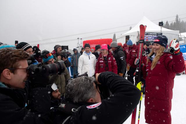 US skier Mikaela Schiffrin poses for photos after winning the Women's Slalom during the Stifel Copper Cup 2025 at Copper Mountain, part of the FIS Alpine Ski World Cup, in Copper Mountain, Colorado on November 30, 2025. (Photo by Jason Connolly / AFP)