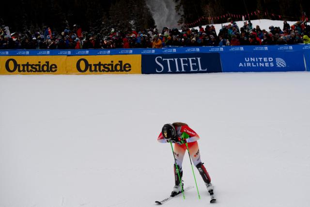 Swiss Camille Rast reacts after competing in the 2nd run of the Women's Slalom during the Stifel Copper Cup 2025 at Copper Mountain, part of the FIS Alpine Ski World Cup, in Copper Mountain, Colorado on November 30, 2025. (Photo by Jason Connolly / AFP)