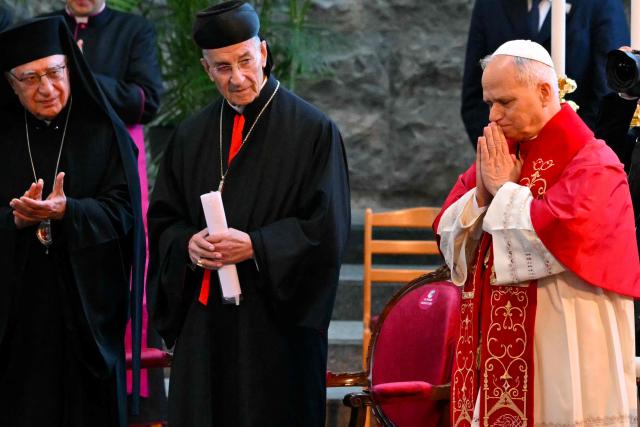 TOPSHOT - Pope Leo XIV arrives for a meeting with bishpops, priests consacrated persons and personal workers at the shrine of Our Lady of Lebanon in Harissa, northeast of the capital Beirut, on December 1, 2025.  (Photo by Andreas SOLARO / AFP)