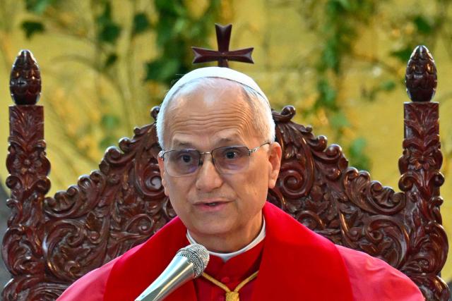 TOPSHOT - Pope Leo XIV addresses the crowd during a meeting with bishpops, priests consacrated persons and personal workers at the shrine of Our Lady of Lebanon in Harissa, northeast of the capital Beirut, on December 1, 2025.  (Photo by Andreas SOLARO / AFP)