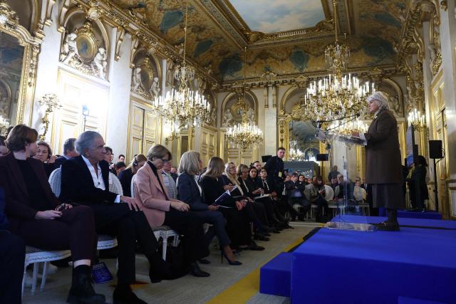 France's Ambassador for Human Rights Isabelle Rome delivers a speech during the launch of the cultural event "Ukraine Season in France - Journey to Ukraine" at the Quai d'Orsay Ministry in Paris on December 1, 2025. (Photo by Gonzalo Fuentes / REUTERS / AFP)