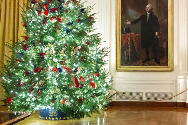 Christmas decorations are seen in the East Room of the White House in Washington, DC, December 1, 2025, during a Christmas decoration media tour. (Photo by SAUL LOEB / AFP)