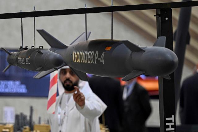 A guest stands at the UAE pavillion on the opening day of the 4th edition of Egypt Defence Expo (EDEX-2025), at the Cairo International Exhibition Centre in Cairo on December 1, 2025.  (Photo by Khaled DESOUKI / AFP)