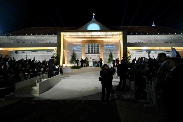 Pope Leo XIV attends a meeting with youths during a visit to the Maronite Patriarchate in Bkerke, north of the capital Beirut, on December 1, 2025.  (Photo by Andreas SOLARO / AFP)