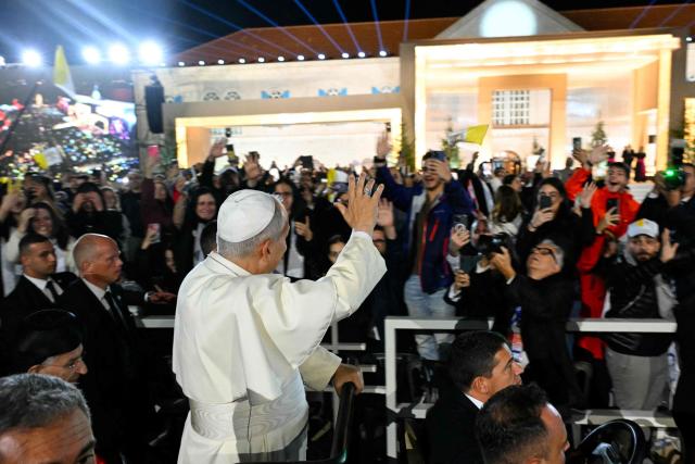 Pope Leo XIV attends a meeting with youths during a visit to the Maronite Patriarchate in Bkerke, north of the capital Beirut, on December 1, 2025.  (Photo by Andreas SOLARO / AFP)