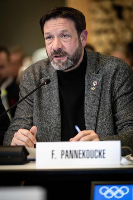 Fabrice Pannekoucke, regional councilor for Auvergne-Rhône-Alpes, speaks during the coordination committee meeting for the 2030 Winter Olympics in the French Alps in Val d'Isère, central eastern France, on December 1, 2025. (Photo by ARNAUD FINISTRE / AFP)