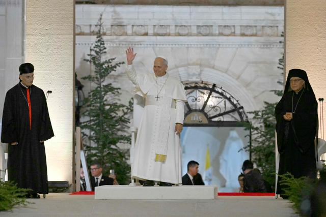Pope Leo XIV attends a meeting with youths during a visit to the Maronite Patriarchate in Bkerke, north of the capital Beirut, on December 1, 2025.  (Photo by Andreas SOLARO / AFP)