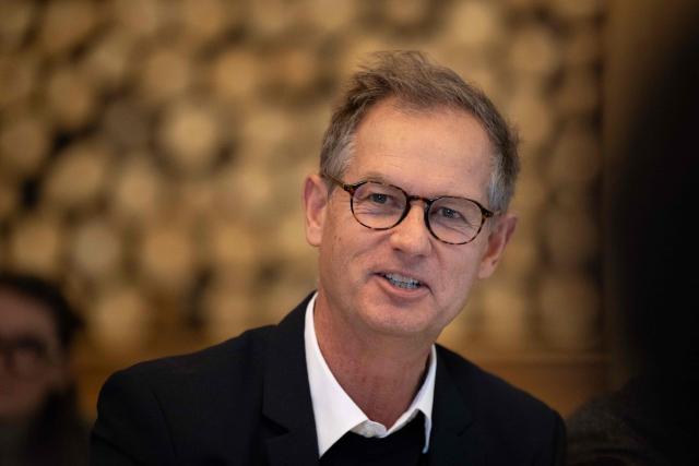 Edgar Grospiron, former Olympic skiing champion and President of the Coordination Committee for the 2030 Winter Olympics speaks during the coordination committee meeting for the 2030 Winter Olympics in the French Alps, in Val d'Isère, central eastern France, on December 1, 2025. (Photo by ARNAUD FINISTRE / AFP)