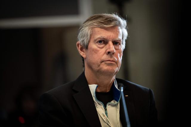 Pierre-Olivier Beckers Vieujant, head of the IOC Coordination Commission for the 2030 Winter Olympics in France, takes part in the Olympic coordination committee meeting, in Val-d'Isere, central eastern France, on December 1, 2025. (Photo by ARNAUD FINISTRE / AFP)
