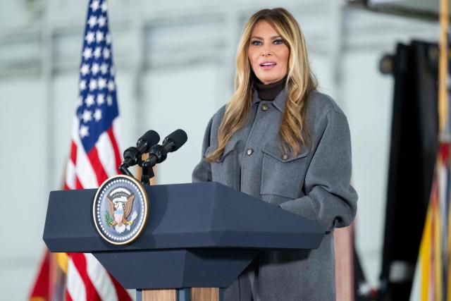 US First Lady Melania Trump speaks prior to making care packages for deployed members of the US military during an American Red Cross holiday event with military families at Joint Base Andrews in Maryland, December 1, 2025. (Photo by SAUL LOEB / AFP)
