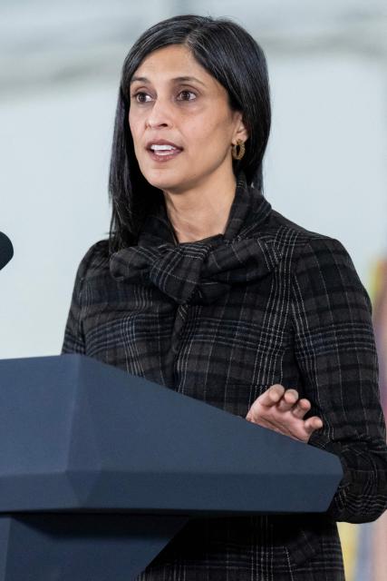 US Second Lady Usha Vance speaks prior to making care packages for deployed members of the US military during an American Red Cross holiday event with military families at Joint Base Andrews in Maryland, December 1, 2025. (Photo by SAUL LOEB / AFP)