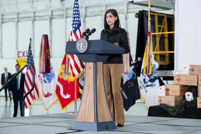 US Second Lady Usha Vance speaks prior to making care packages for deployed members of the US military during an American Red Cross holiday event with military families at Joint Base Andrews in Maryland, December 1, 2025. (Photo by SAUL LOEB / AFP)