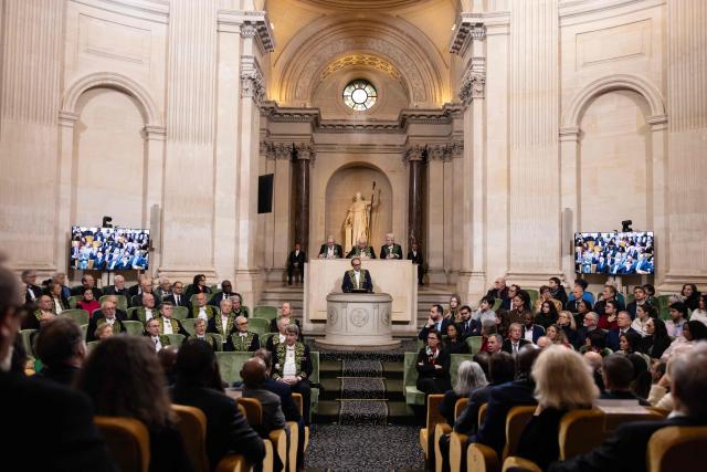 Member of the Academie des sciences morales et politiques (France's ethics and political sciences academy) Louis Vogel delivers remarks during the official entry ceremony of Congolese Nobel Peace Prize Laureate, human rights activist and gynaecologist, Denis Mukwege, as member of the Academie des Sciences Morales et Politiques (French Academy of ethics and political sciences), part of the Institut de France (France's prestigious Arts and Sciences Academy) at the Institut de France in Paris, on December 1, 2025. (Photo by Ian LANGSDON / AFP)