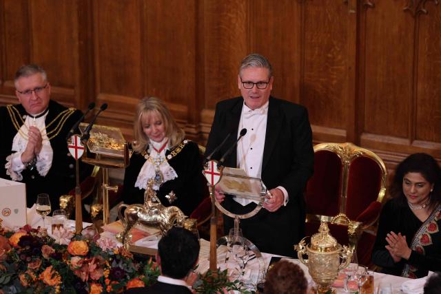 Britain's Prime Minister Keir Starmer delivers a speech during the Lady Mayor’s Banquet at the Guildhall in central London on December 1, 2025. (Photo by Adrian DENNIS / AFP)