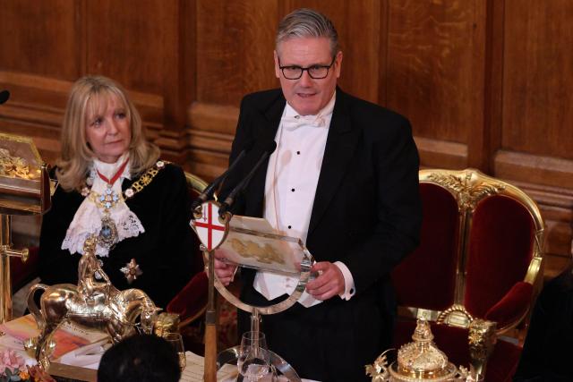 Britain's Prime Minister Keir Starmer delivers a speech during the Lady Mayor’s Banquet at the Guildhall in central London on December 1, 2025. (Photo by Adrian DENNIS / AFP)