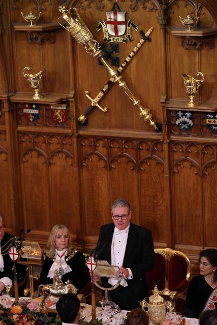 Britain's Prime Minister Keir Starmer delivers a speech during the Lady Mayor’s Banquet at the Guildhall in central London on December 1, 2025. (Photo by Adrian DENNIS / AFP)