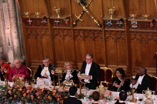 Britain's Prime Minister Keir Starmer delivers a speech during the Lady Mayor’s Banquet at the Guildhall in central London on December 1, 2025. (Photo by Adrian DENNIS / AFP)