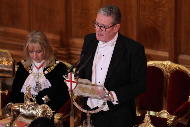 Britain's Prime Minister Keir Starmer delivers a speech during the Lady Mayor’s Banquet at the Guildhall in central London on December 1, 2025. (Photo by Adrian DENNIS / AFP)