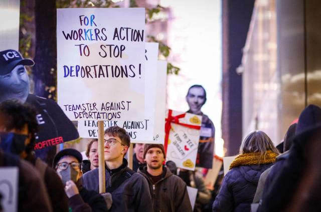 Demonstrators protest against Amazon on "Cyber Monday" outside Amazon Corporate Offices in New York City on December 1, 2025. (Photo by kena betancur / AFP)